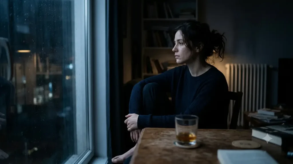 alt="Une femme pensive assise dans la pénombre, regardant la pluie tomber à travers la fenêtre, un verre posé sur la table en premier plan."