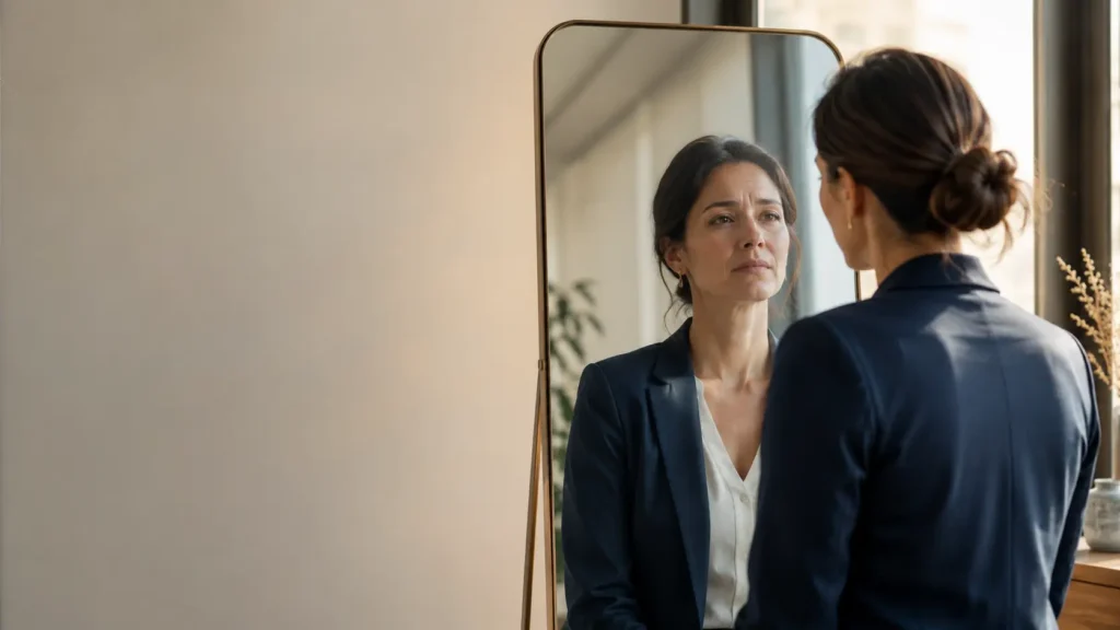 Personne socialement intégrée face à un miroir, avec une expression préoccupée, illustrant l’addiction invisible et la souffrance cachée.