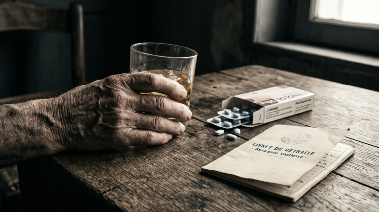 Gros plan sur la main ridée d'une personne âgée tenant un verre d'alcool sur une table en bois, à côté d'une boîte de médicaments ouverte et d'un livret de retraite.