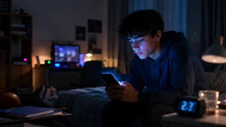 Adolescent utilisant son smartphone tard le soir dans sa chambre, illustrant la perte de contrôle liée aux écrans.