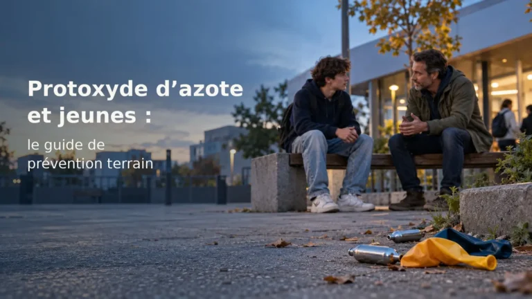 Un éducateur échange avec un jeune adulte près d’un banc, avec des cartouches métalliques et des ballons abandonnés au premier plan.